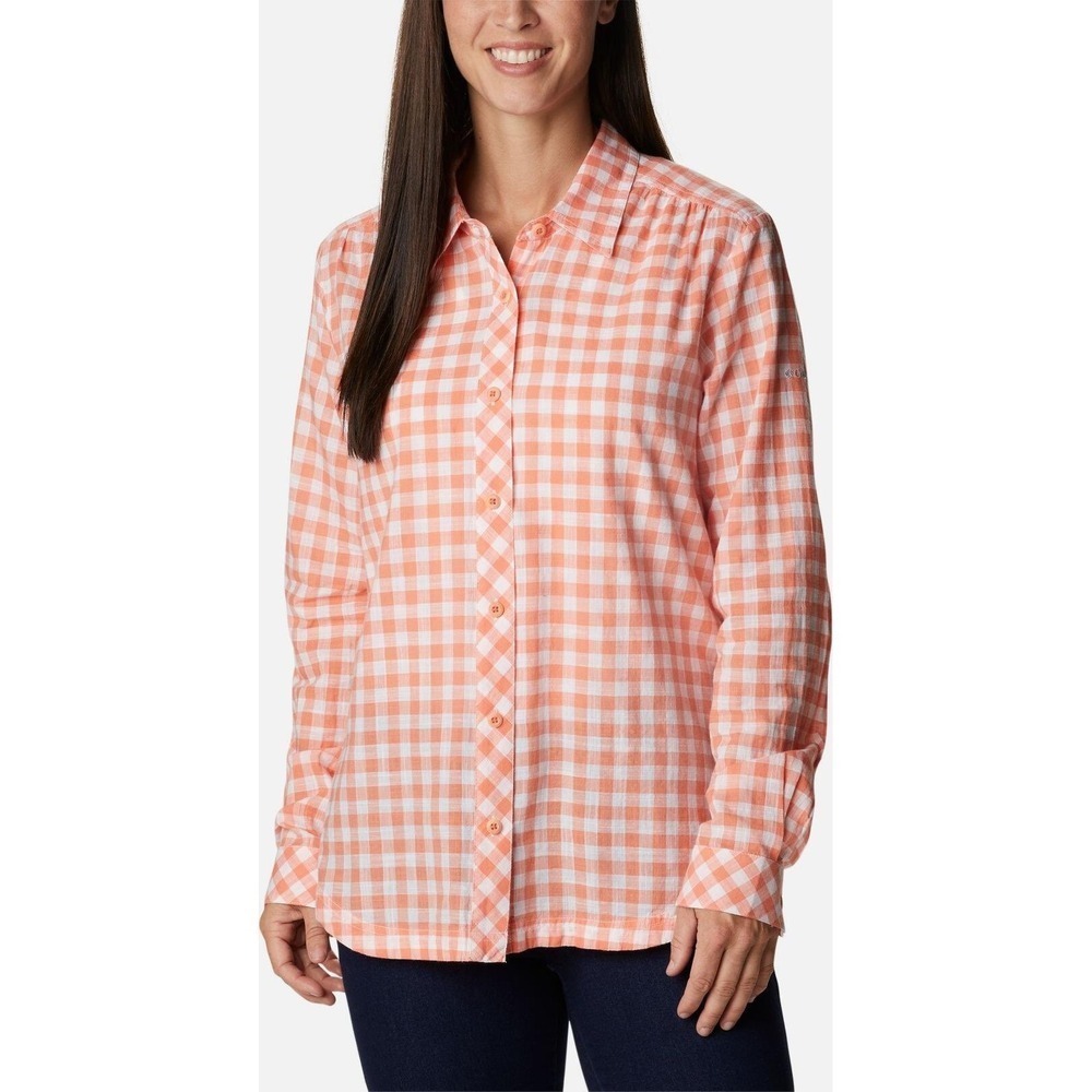 Columbia Camp Henry III Long Sleeve Shirt Coral Reef Orange Gingham Plaid Large